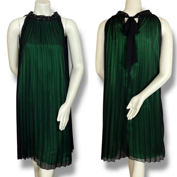 Pleated Shift Dress Green Black Embellished Neckline Tie Back Sleeveless Holiday - Picture 1 of 11